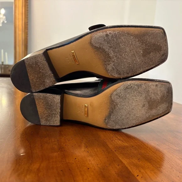Gucci Black Leather Loafers with Gold and Green-Red Stripe Webbing, 37.5 - Picture 3 of 6